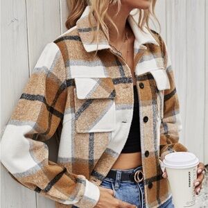 Shein Brown and White Utility Jacket with Plaid Pattern